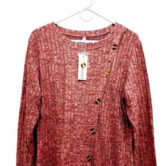 Womens Ribbed Knit Asymmetrical Button Front Sweater Top Long Sleeve Red Size XL - Picture 6 of 14